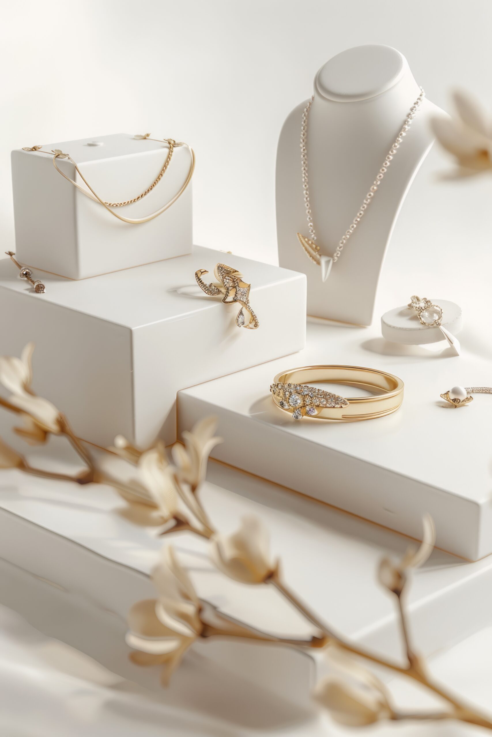 Goldener Schmuck auf weißen Ständern.